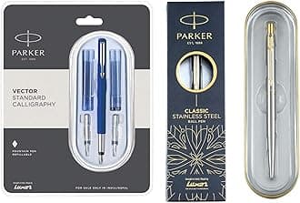 Parker Calligraphy CT Fountain Pen (Blue), 7 Piece Set Moments Classic Gold Trim Ball Pen (Silver)