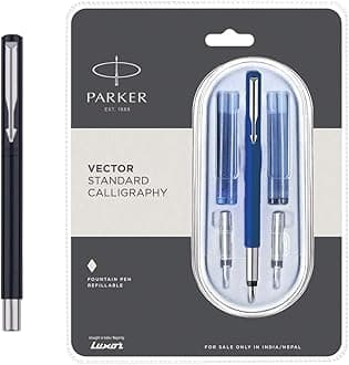 Parker Calligraphy CT Fountain Pen (Black) Calligraphy CT Fountain Pen (Blue), 7 Piece Set