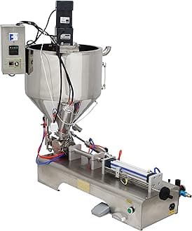 TECHTONGDA Paste Liquid Filling Machine One Nozzle Piston Filler with Mixing and Heating Hopper Bottle Pack Seal for Honey Milk (5-50ml)
