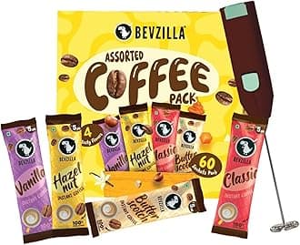 60 Flavoured Coffee Sachets With Frother (60X2 Gram) | 15 Pouch Each Flavour | Hazelnut, Vanilla, Classic & Butterscotch | Cafe Coffee Kit