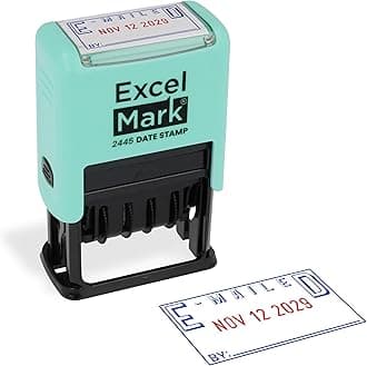 ExcelMark 2445 Date Stamp with Text - Blue and Red Ink (Seafoam Mount, Emailed)